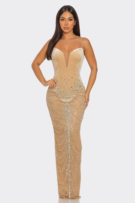 BANJUL - Wholesale Dress - Women's - BCCDS45036  Rhinestone Embellished Draped Chain-Like Dress6