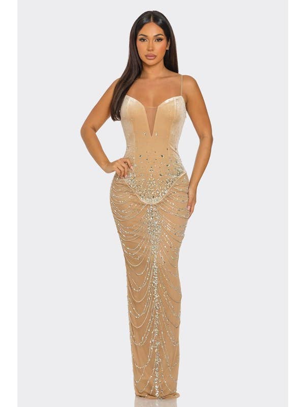 BANJUL - Wholesale Dress - Women's - BCCDS45036 Rhinestone Embellished Draped Chain-Like Dress6
