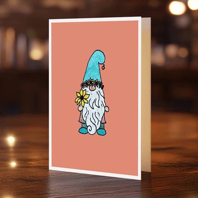 Pop Art Gnome Sunflower A2 Greeting Card with Kraft Envelope for wholesale by Capstone Artistry