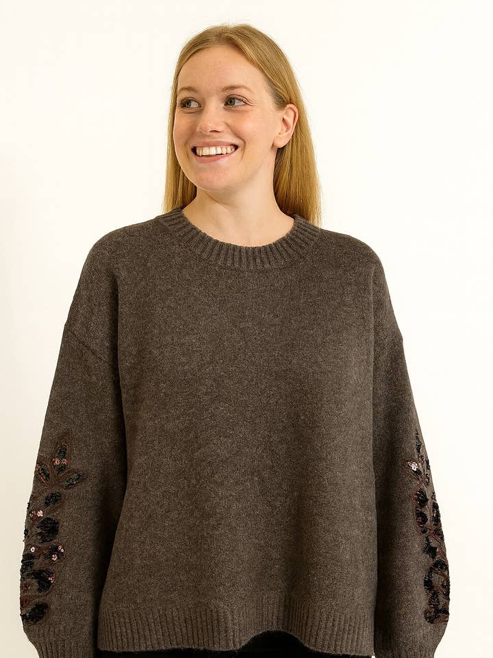 Oversized round neck sweater–Sequin embroidered sleeves AP153 CHOCO for wholesale by Afinity