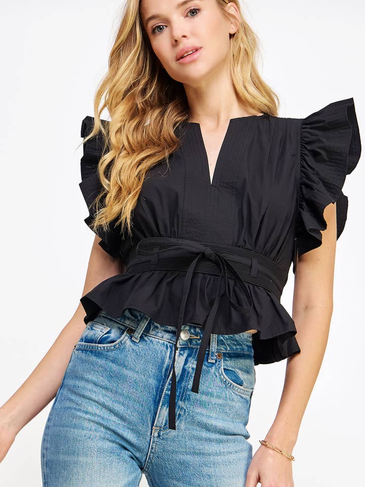 Top en popeline péplum à manches volantées pour la vente par Strut & Bolt