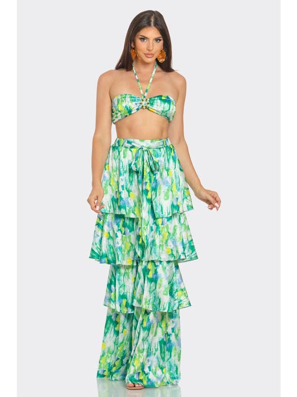 BANJUL - Wholesale Top & Pant Set (NOT Loungewear) - Women's - BCCTP44574 2Pcs Print Top & Ruffle Pants Set