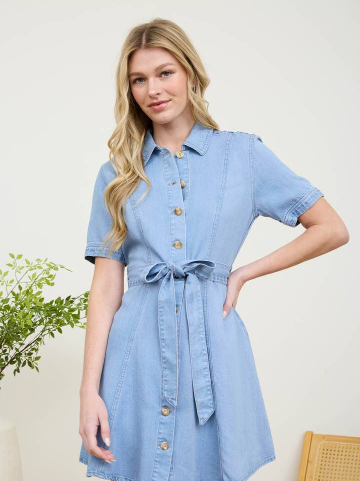 CHAMBRAY COLLARED BUTTON DOWN BELTED SHIRT DRESS for wholesale on Faire
