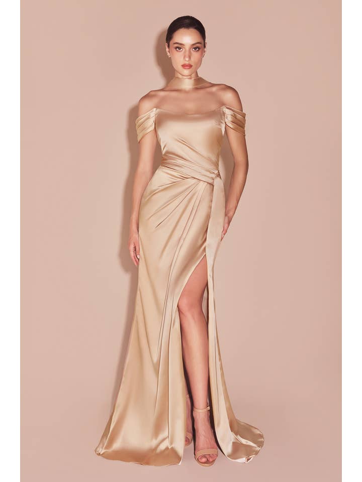 Ladivine by Cinderella Divine - Wholesale Dress - Women's - OFF THE SHOULDER LACE UP CORSET SATIN GOWN