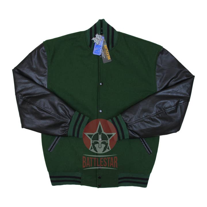 Eastworth Industries - Wholesale Varsity/Baseball Jacket - Men's - Forest Green Wool Black Leather Varsity Baseball Bomber Jacket