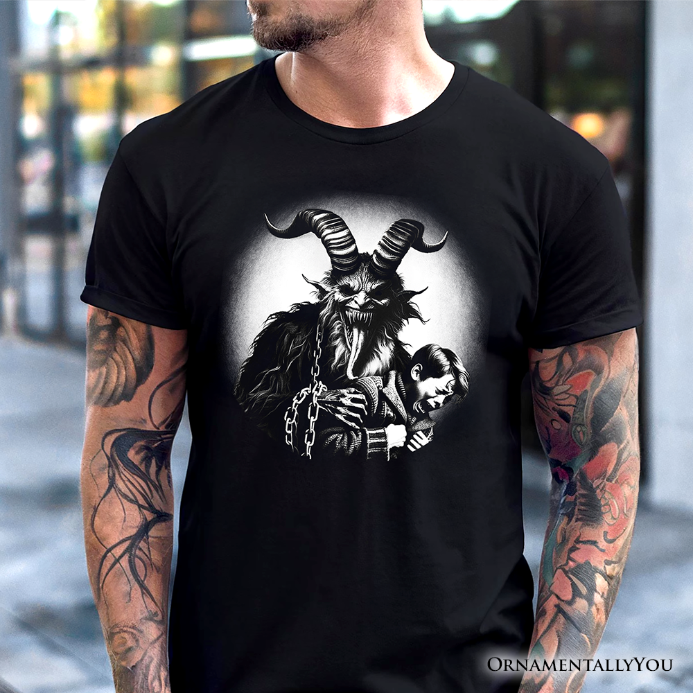 Black Krampus Spooky Portrait T-Shirt, Horror Villain Theme for wholesale on Faire4