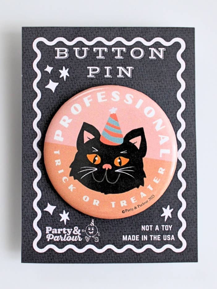 Halloween Bentley the Cat Trick or Treater Retro Button Pin for wholesale by Party & Parlour