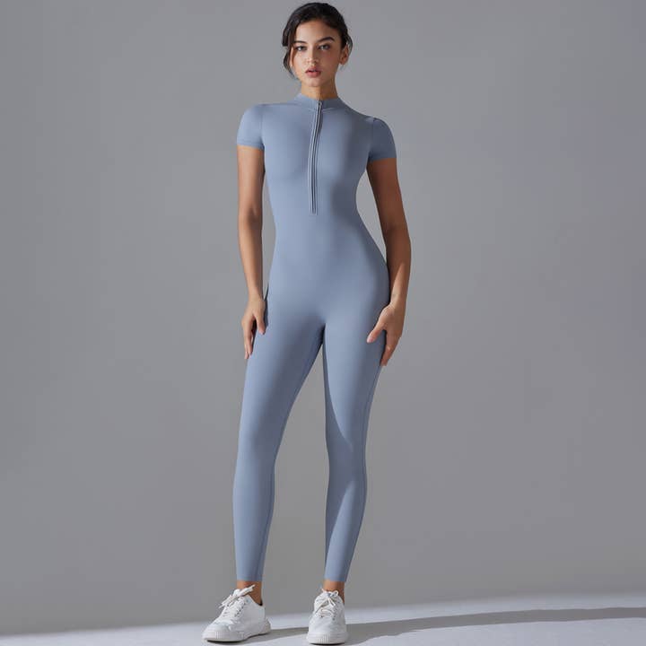 Sodalemon - Wholesale Unitard - Women's - Women Half Zipper Short Sleeve Breathable Sport Jumpsuit