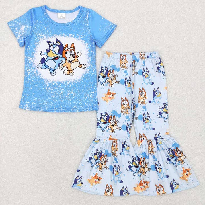 Baby Girls Blue Dog Short Sleeve Shirt Top Flare Pants Cloth for wholesale by Aier Wholesale