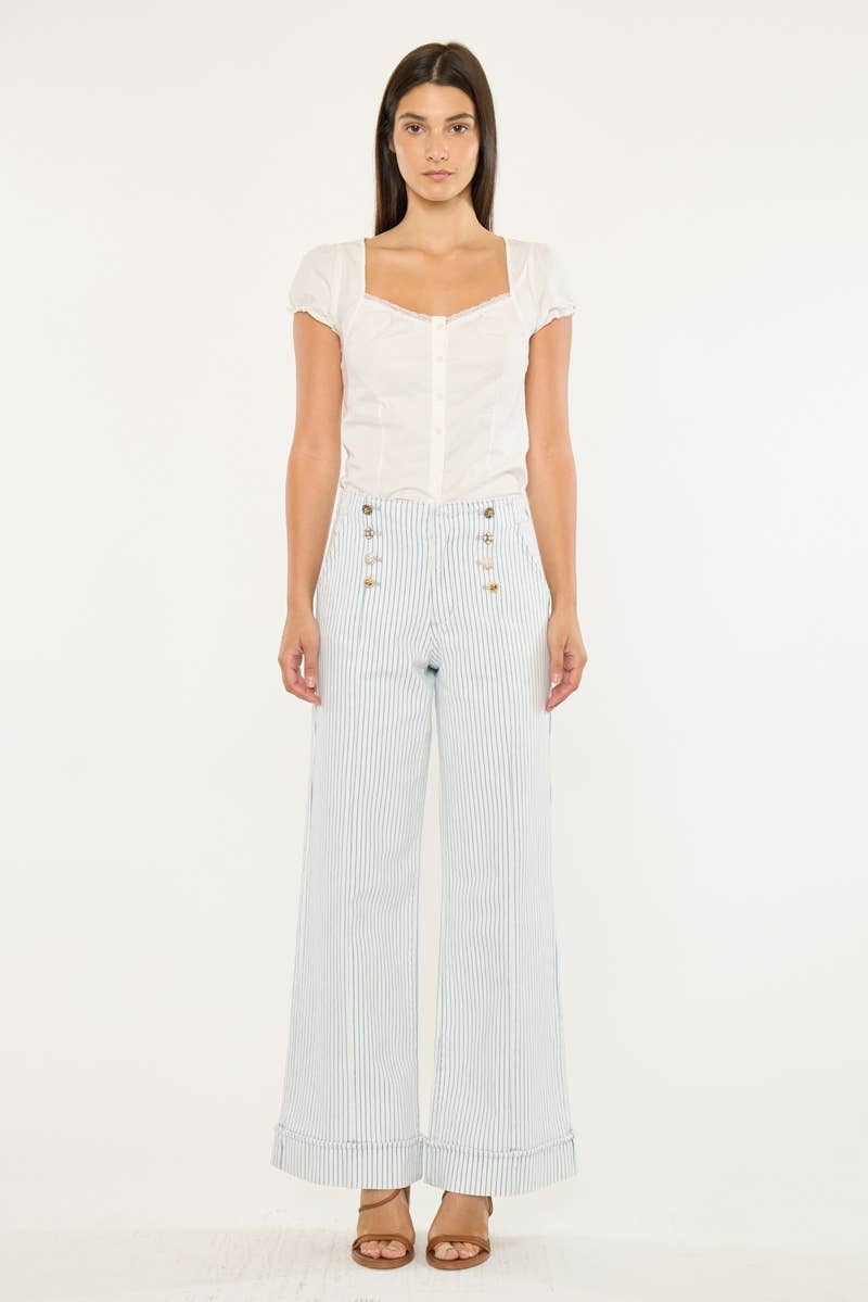 LÉGER PANTALON LARGE À RAYURES ÉVASÉES TAILLE HAUTE-KC2190L en vente sur Faire6