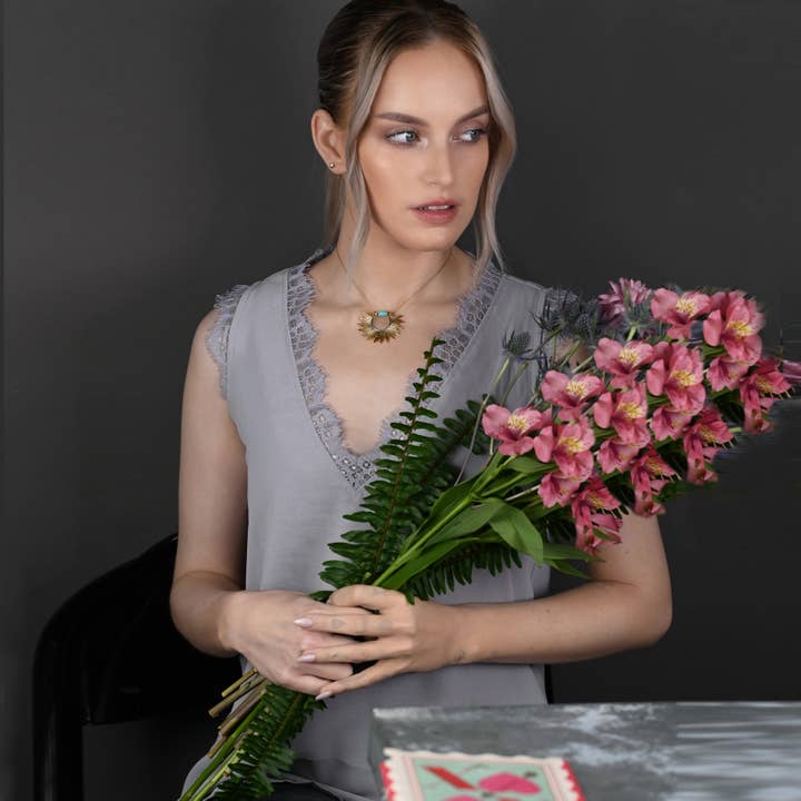 KBD Studio - Wholesale Pendant/Charm Necklace - Golden Sun w/ Semi Precious Heishi Beads Necklace4