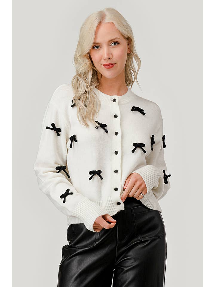Off White Bow Embroidered Lightweight Sweater, OT50939 for wholesale on Faire