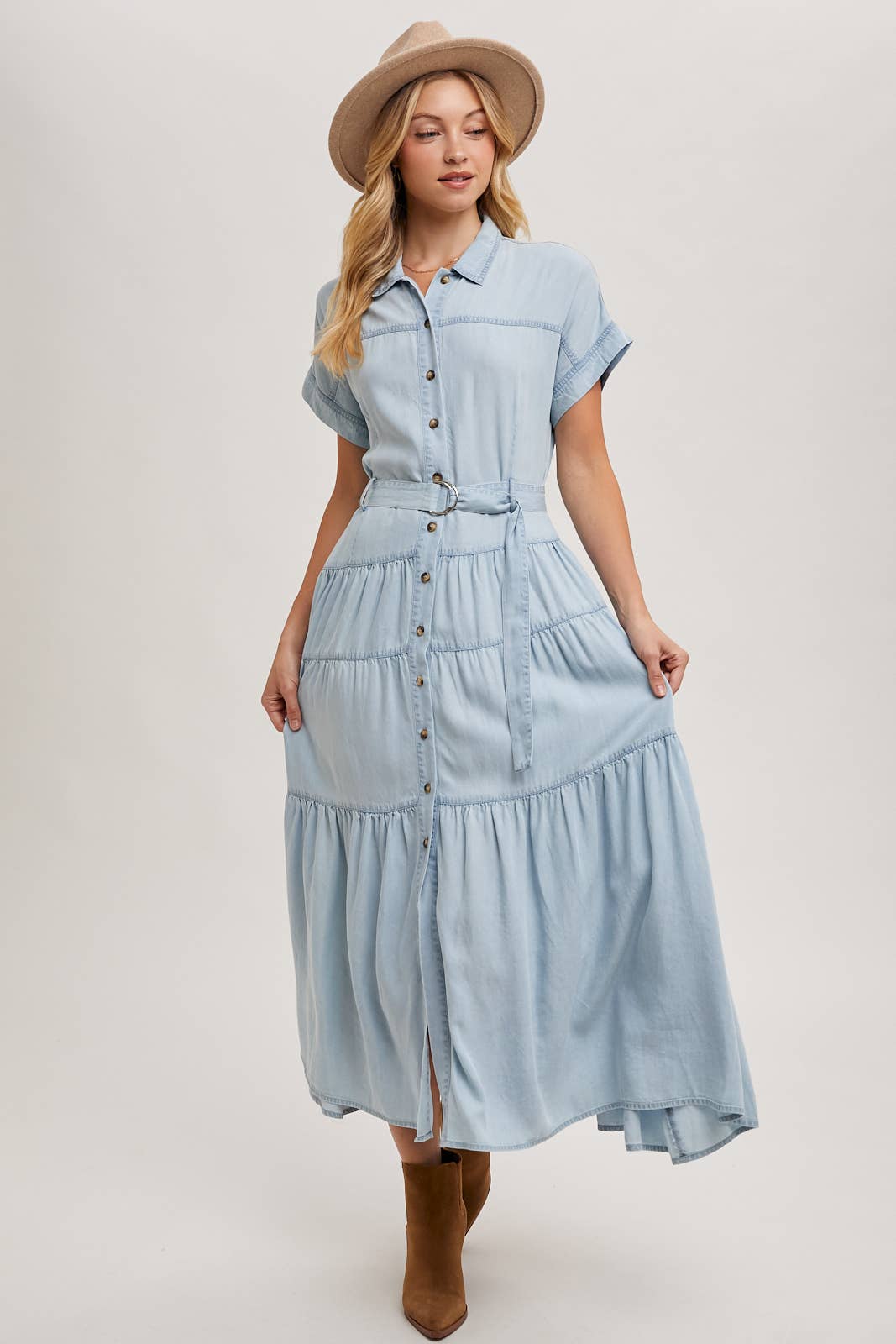Bluivy - Wholesale Dress - Women's - BUTTON FRONT SHORT SLEEVED TIERED MAXI DENIM DRESS13