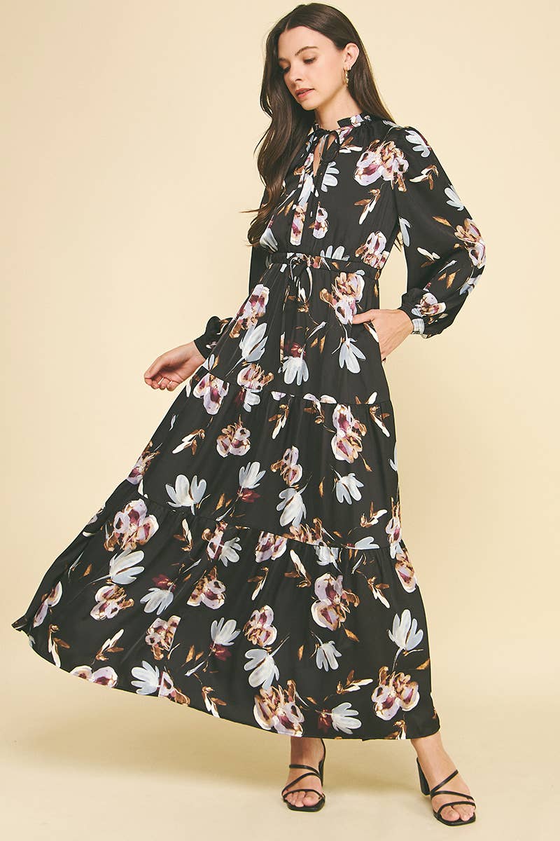 BLACK MULTI FLORAL LONG SLEEVE TIERED MAXI DRESS - 6170D for wholesale on Faire2