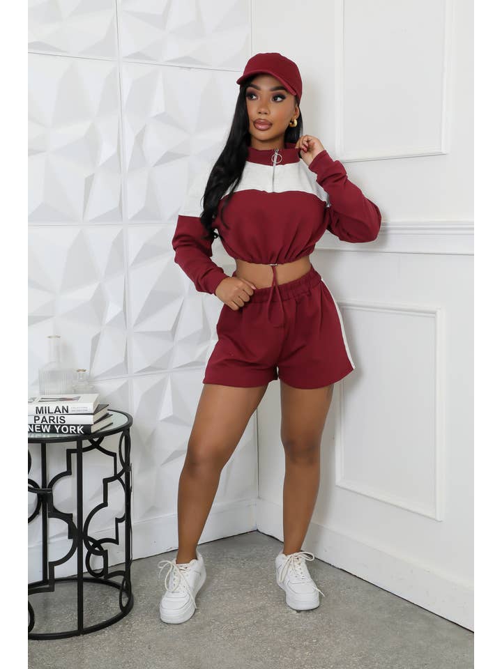 5besties inc - Wholesale Activewear Set - Women's - SPORTY CROP LONG SLEEVE TOP & SHORT SET2