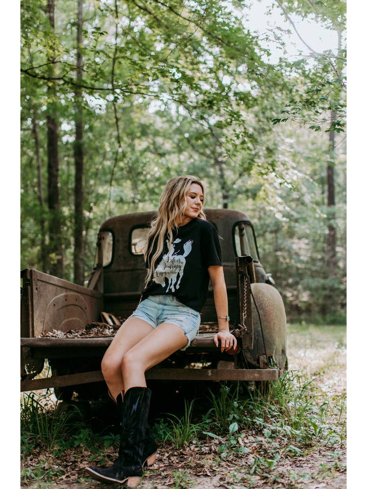 Black MK494 Enjoy the ride Gold Foil SL Tee for wholesale on Faire