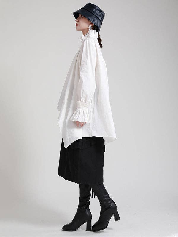 WHITE Original Stylish Irregular Pleated Buttoned Stand Collar Long Sleeves Blouse for wholesale on Faire9