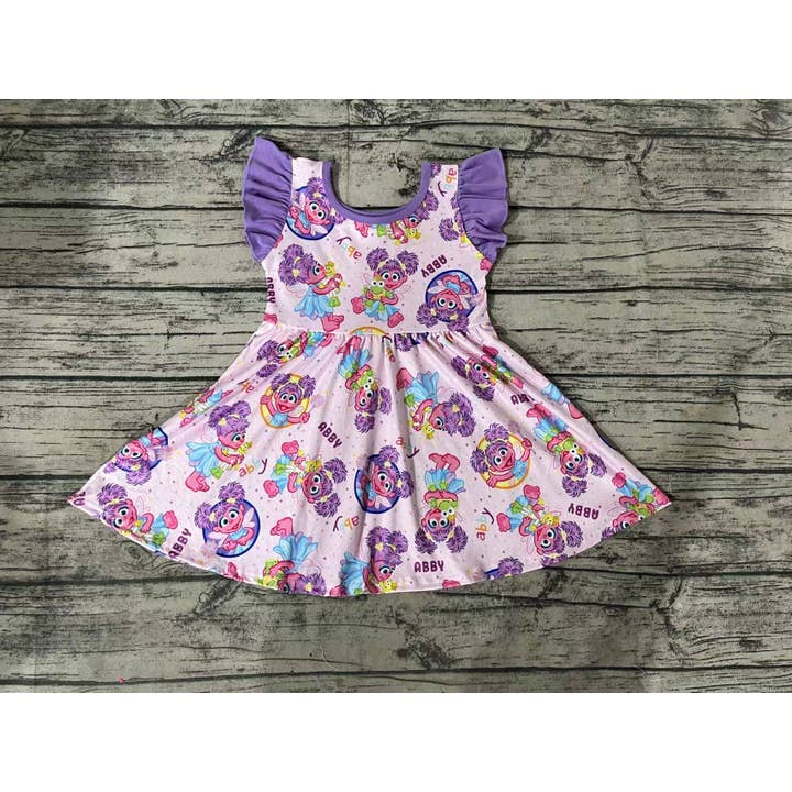 Aier Wholesale - Wholesale Dress - Kids - Baby Girls Purple Big Eye Flutter Sleeve Twirl Dresses