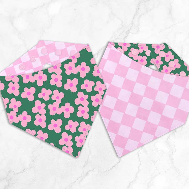 Groovy Floral Checkers Reversible Dog Bandana (Snap Closure) for wholesale by BibbyBubby