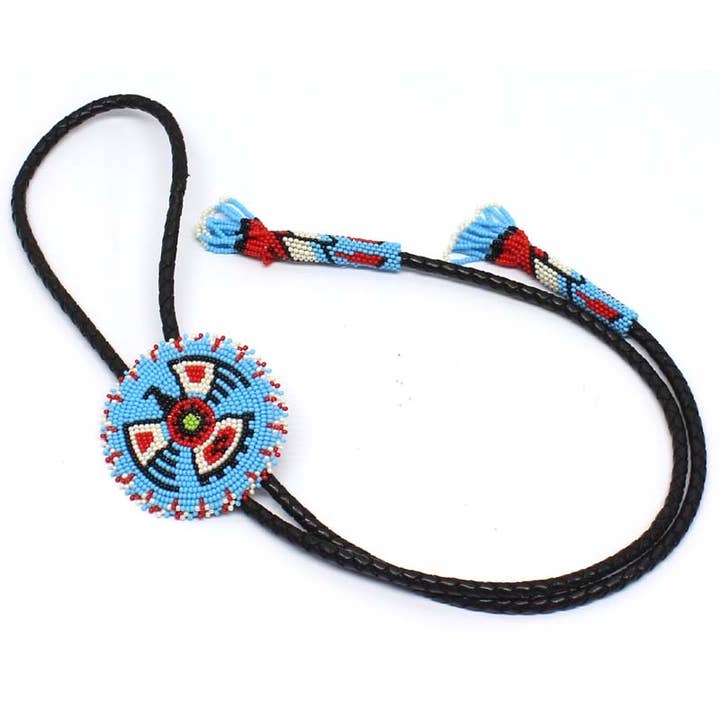 Handmade beaded Cyan Blue Thunderbird leather Bolo Tie for wholesale by BEADS CORNER