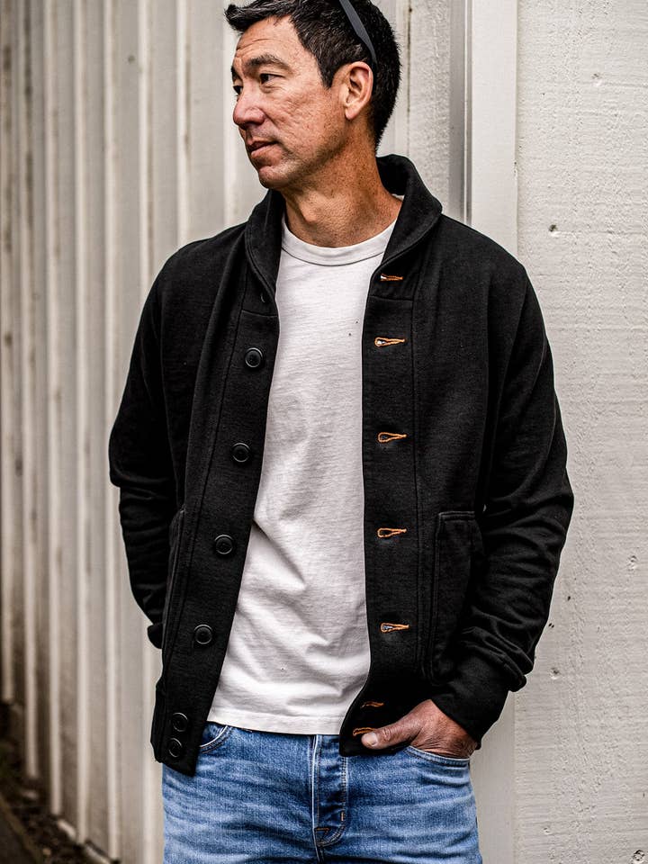 Men's Bodega Shawl Cardigan | 14oz 100% Cotton French Terry- Basalt for wholesale on Faire8