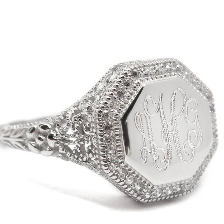 Bague octogonale en filigrane à graver en argent sterling pour la vente par Atlanta Jewelers Supply