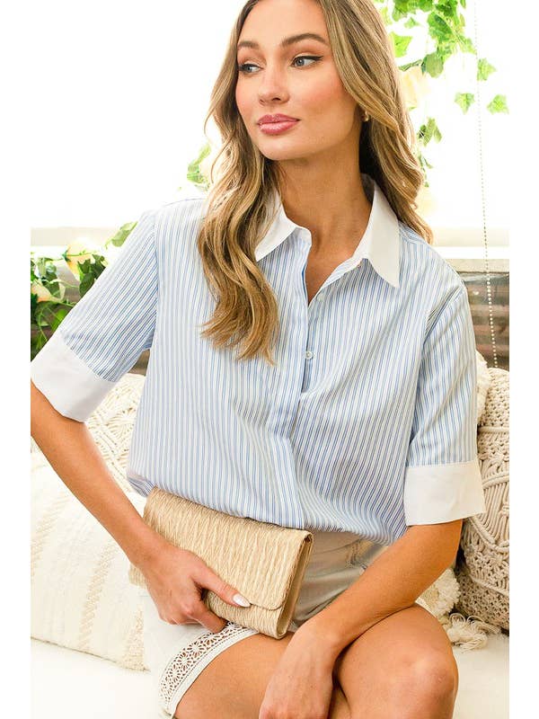Vine & Love - Wholesale Button Down Shirt - Women's - Short Sleeve Contrast Collar And Cuffs Stripe Shirt VT81383