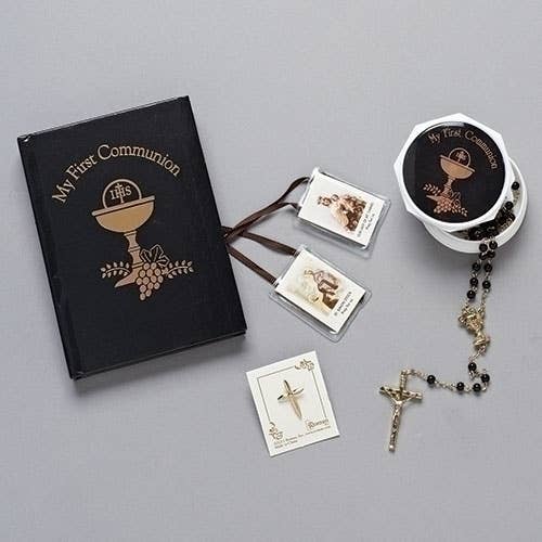 Black/Gold Communion 5-piece Set Rosary, Box, Book,Scapular for wholesale by Roman
