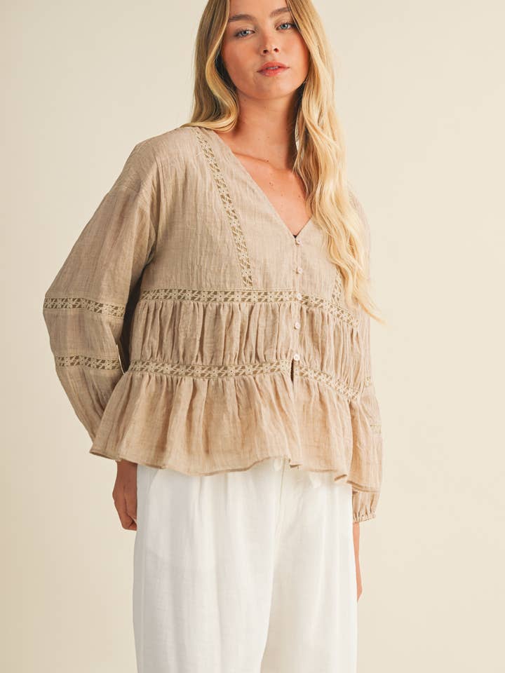 V RUFFLE NECK BLOUSE for wholesale by Mustard Seed