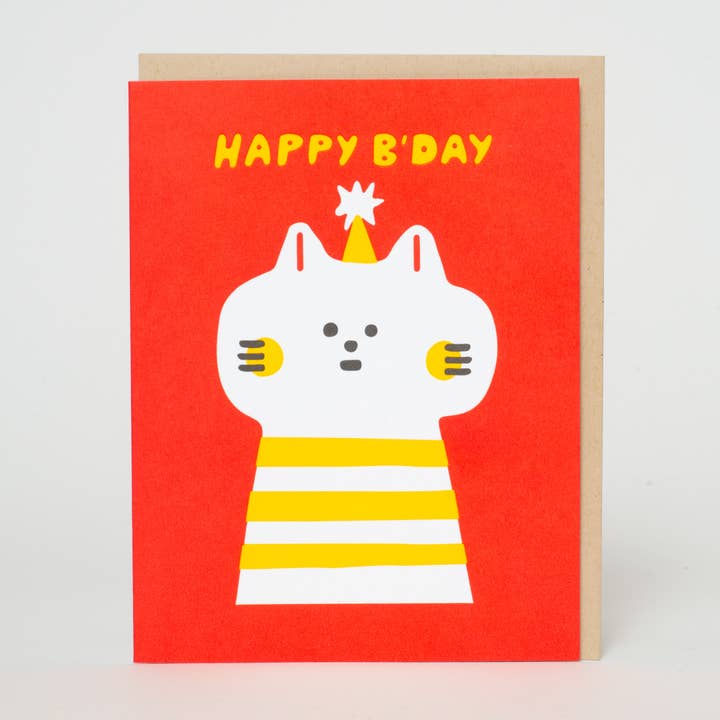 Birthday Kitty Letterpress Greeting Card by Suzy Ultman for wholesale by Egg Press Manufacturing