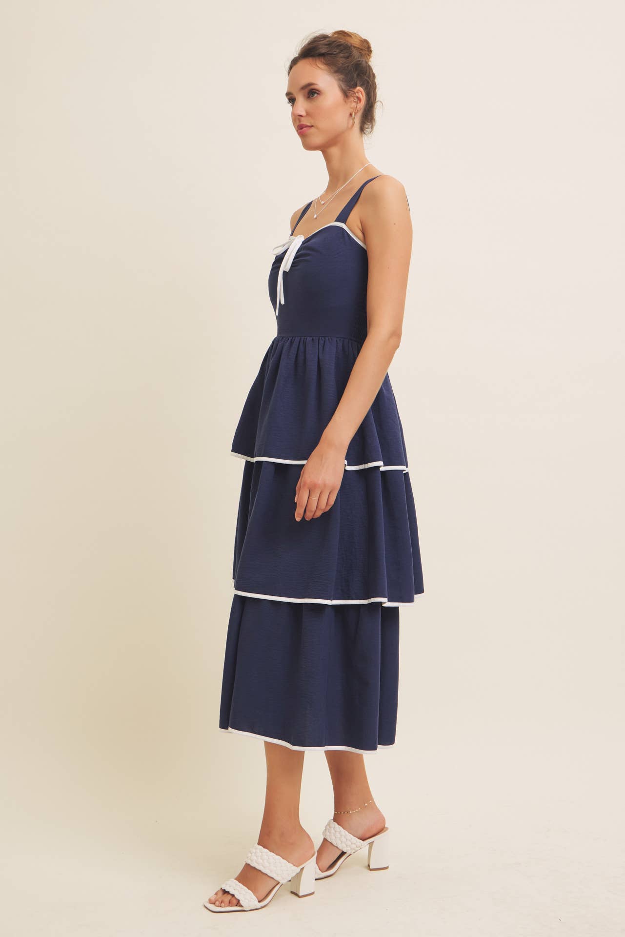 in february - Wholesale Dress - Women's - CONTRAST BINDING WITH BOW MIDI DRESS IN TIERED RUFFLES 15