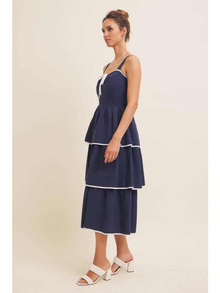 in february - Wholesale Dress - Women's - CONTRAST BINDING WITH BOW MIDI DRESS IN TIERED RUFFLES 15