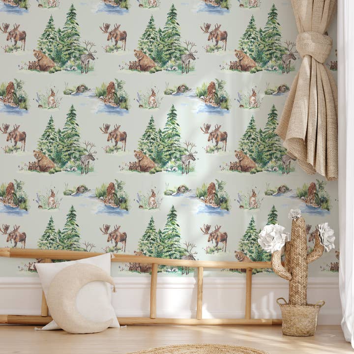 Alpine Meadow Wallpaper – Watercolour Woodland Scene for wholesale by Katie Hipwell Design