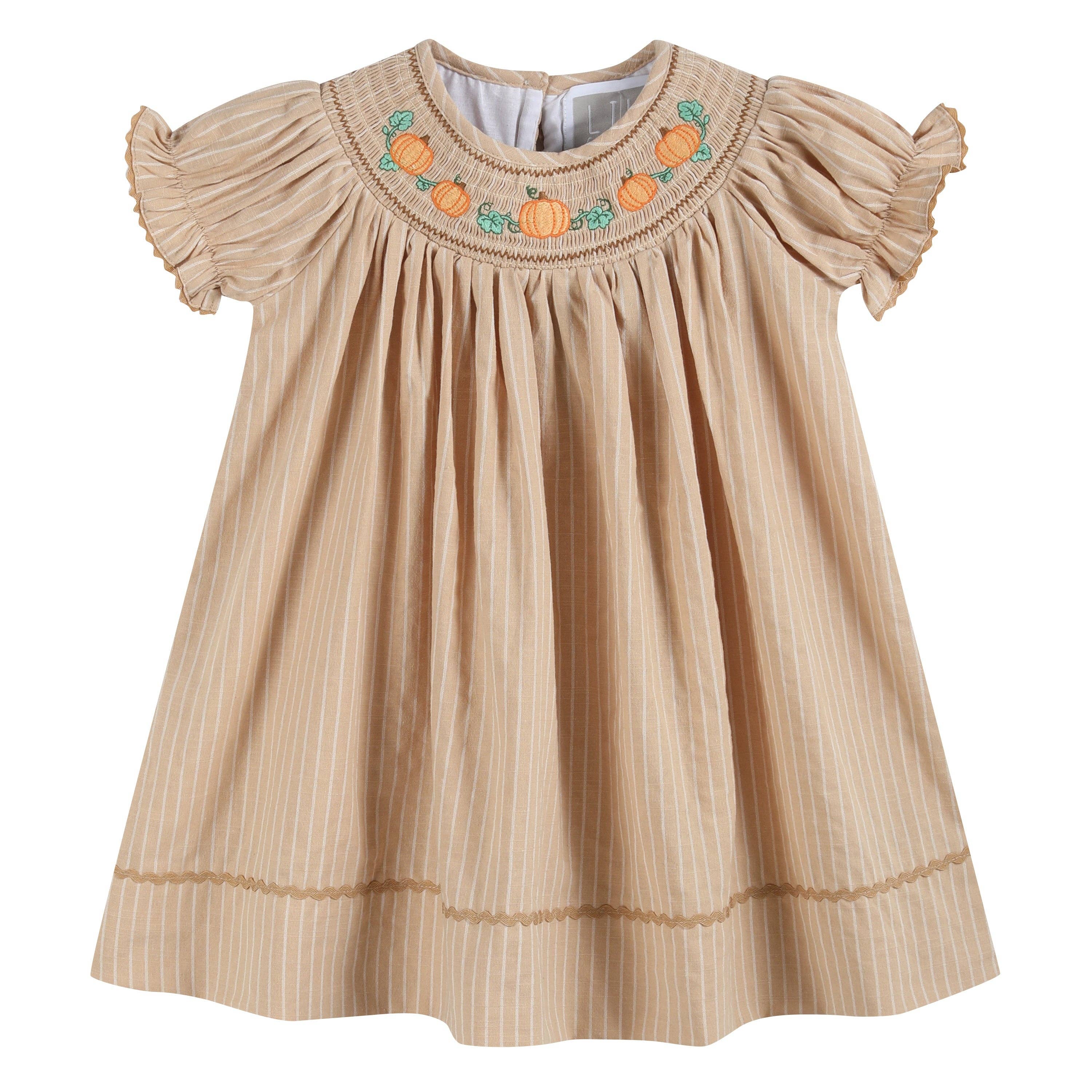 Lil Cactus - Wholesale Dress - Kids - Light Brown Pinstripe Pumpkin Smocked Bishop Dress0