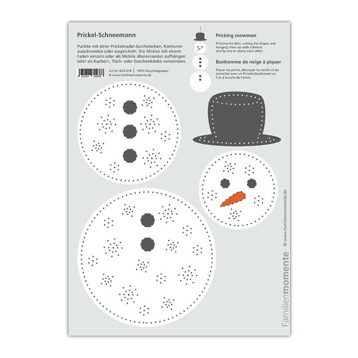 Bastelbogen Prickel-Schneemann, lose, ab 10 Stück für den Großhandel von Familienmomente