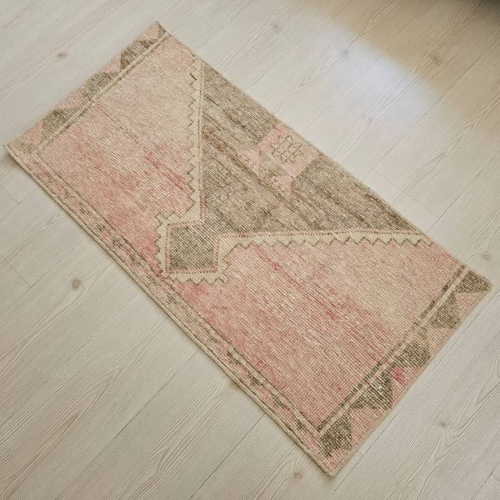 Pink Vintage Turkish Doormat - Wool Oushak Bath Mat 2x4 //1.8x3.7 feet for wholesale by MesopotamiaRugs