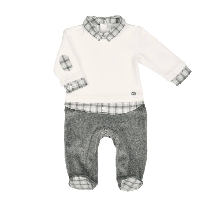 CLARENCE | Baby Boys Ivory & Grey Organic Velour Babygrow for wholesale by Bebe Sweeny