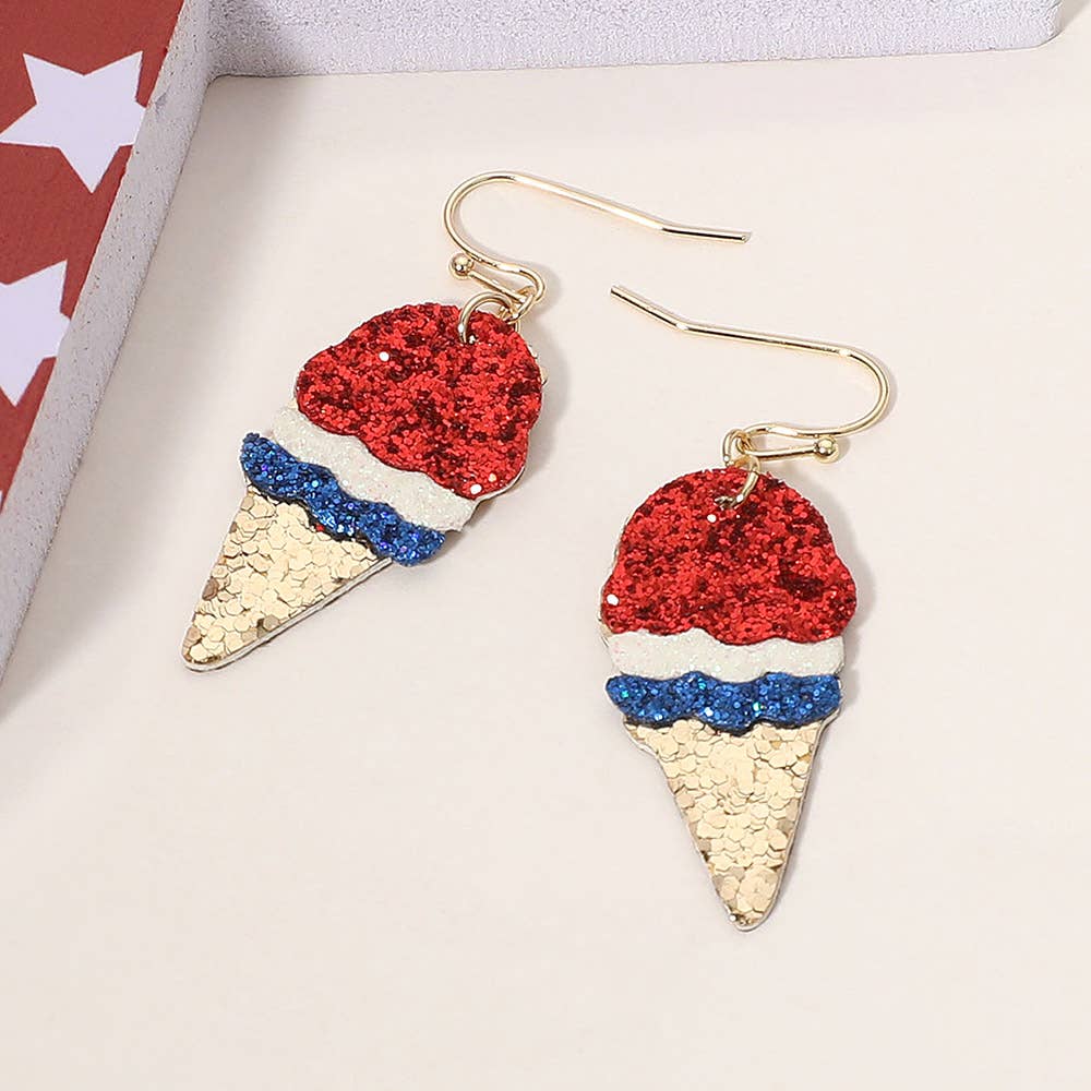 Sensibling Corp. – wholesale Hängande örhängen – Glittriga amerikanska USA-flagga glassstrut dinglande örhängen