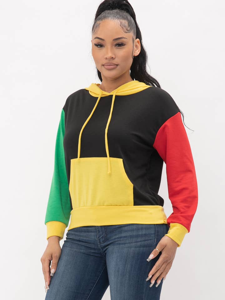 Yellow Combo Color Block Front Pocket Long Sleeve Hoodie for wholesale on Faire2