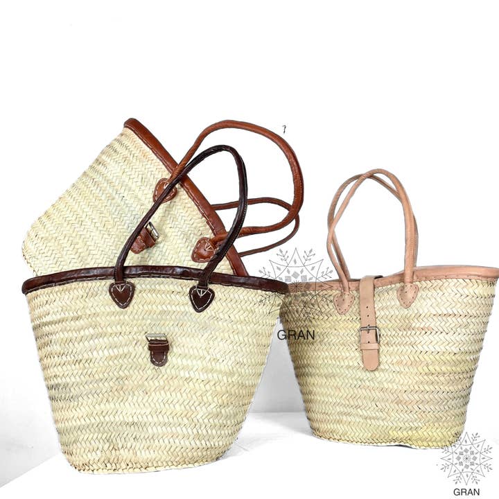 Straw tote Bag with Leather Handle, French Market Basket. for wholesale by Gran Wholesale