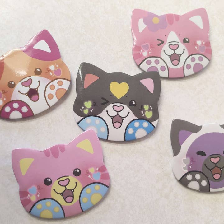 colorful kitties button pins for wholesale by Hannimations