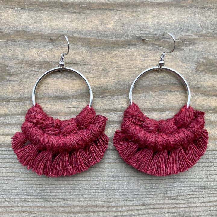 Small Macrame Earrings - Burgundy and Silver for wholesale by HK Macrame Jewelry