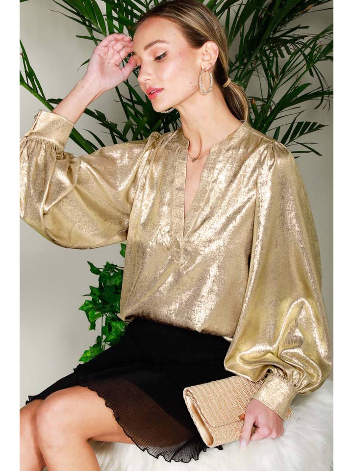Vine & Love - Wholesale Blouse - Women's - Henley Neck Long Balloon Sleeve Metallic Blouse Top VT81244F