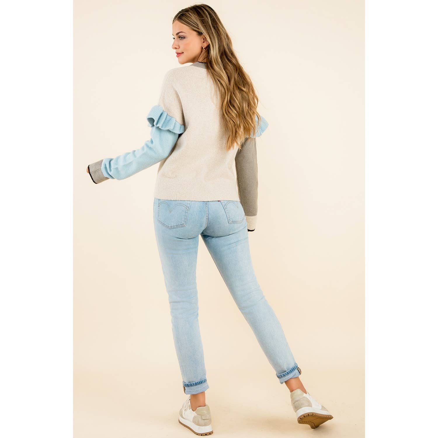 BEIGE Maglione a blocchi di colore con maniche a balze in vendita all'ingrosso su Faire4