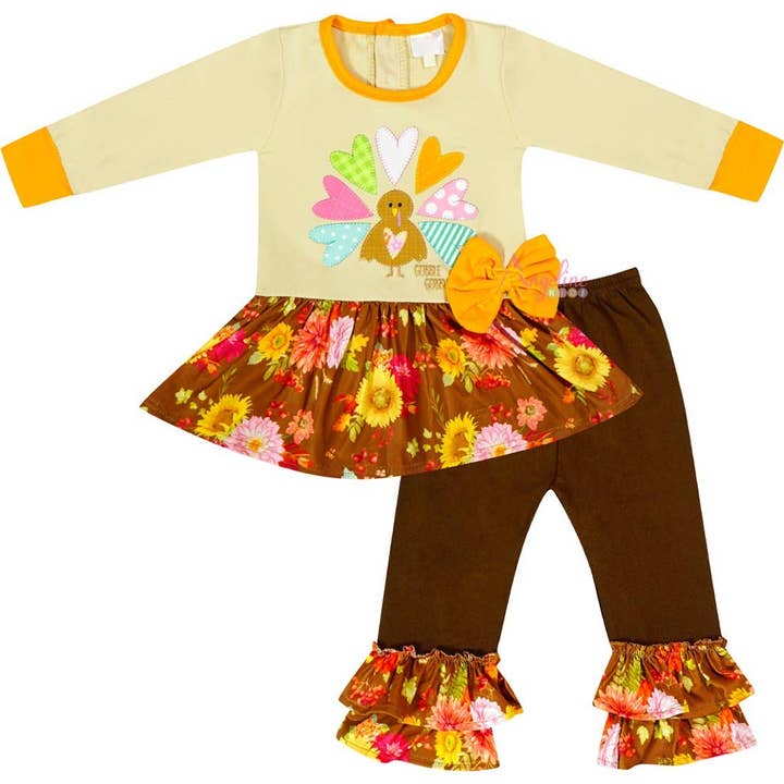 Baby Girl Thanksgiving Gobble Tyrkiet Skirted Top bukser Sæt for engroshandel hos Amor Babee