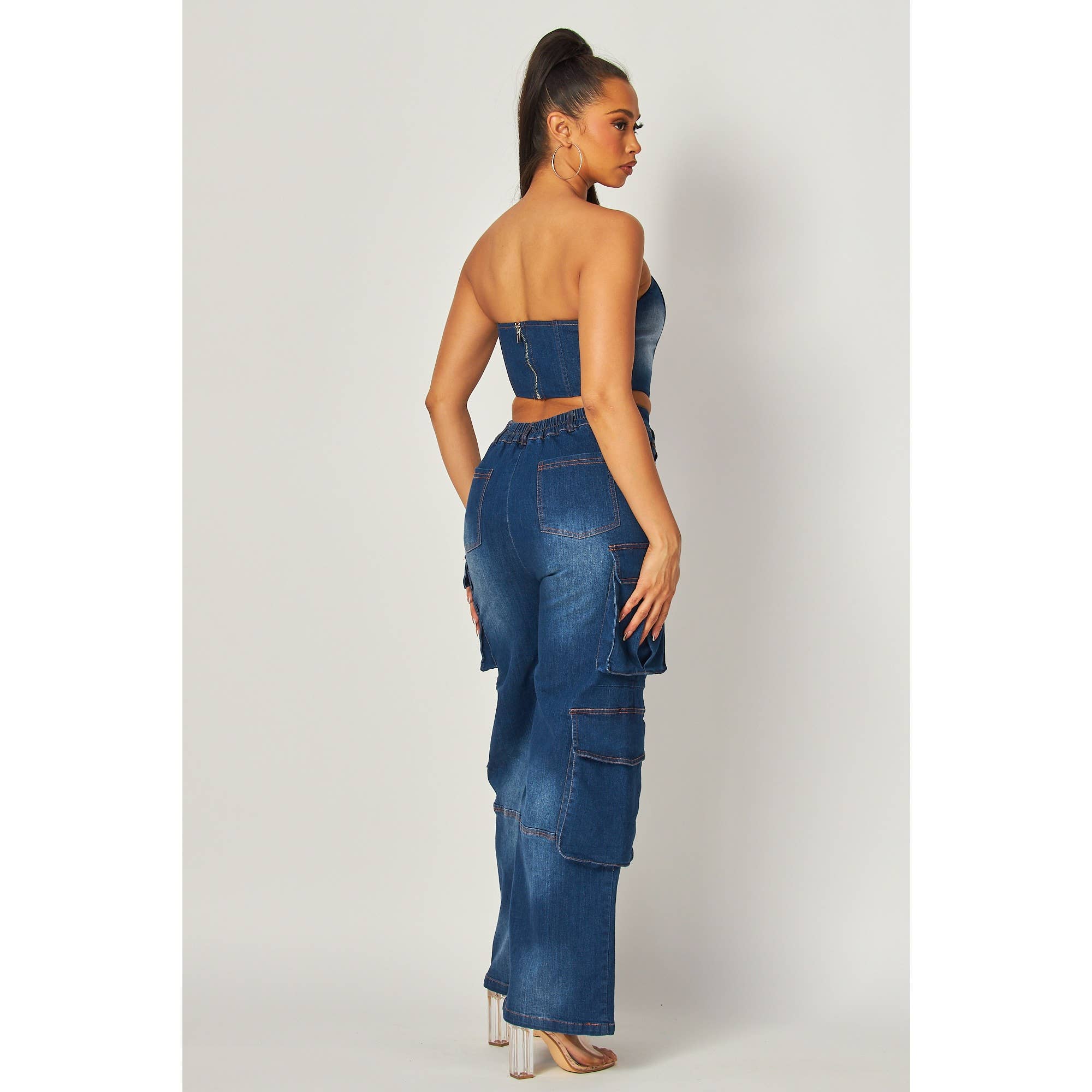 Miss 8 - Wholesale Top & Pant Set (NOT Loungewear) - Women's - Denim Cargo Strapless Top and Wide-Leg Pants Set9