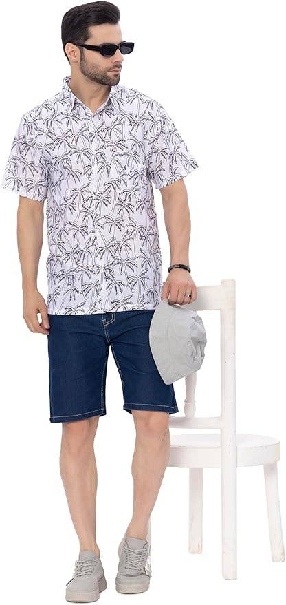 HAPPY BAY Linen Effect Mens  Shirts Black Palm Tree P00387 for wholesale on Faire2