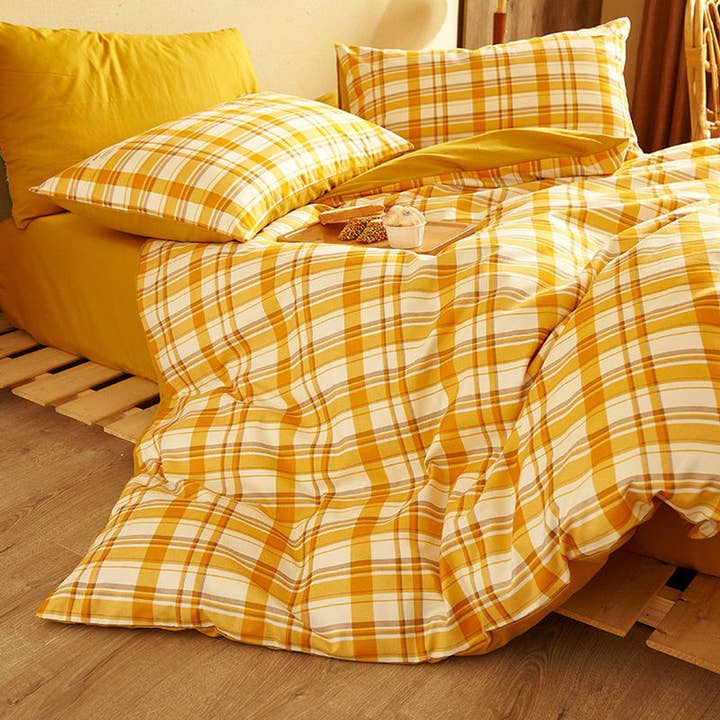 Buffalo Plaid Duvet Cover Set Yellow Plaid Bedding Set Mattress Cover Checkered Pastel Bedding for wholesale by daintyduvet
