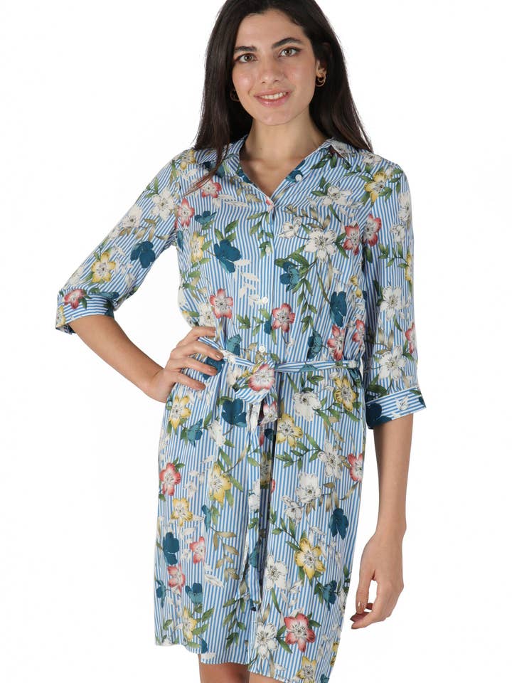 Blue&White Striped Floral Print Tunic for wholesale by Marina Kaneva