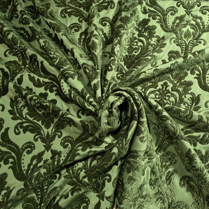 Fancy Styles Fabric – wholesale Fabric – NEW Queen Isabella Designer Damask Burnout Chenille Velvet Fabric Forest Green